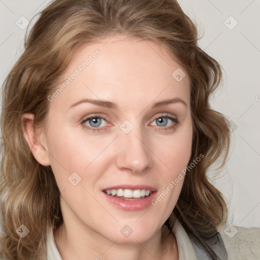 Joyful white young-adult female with medium  brown hair and blue eyes