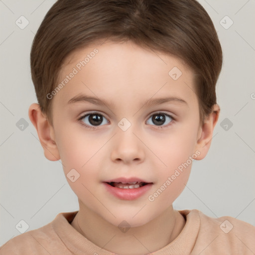 Joyful white child female with short  brown hair and brown eyes