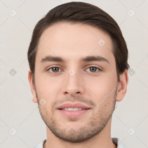 Neutral white young-adult male with short  brown hair and brown eyes