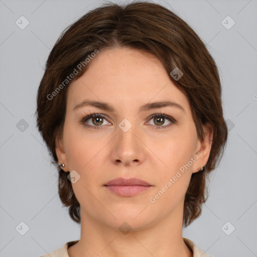 Neutral white young-adult female with medium  brown hair and brown eyes