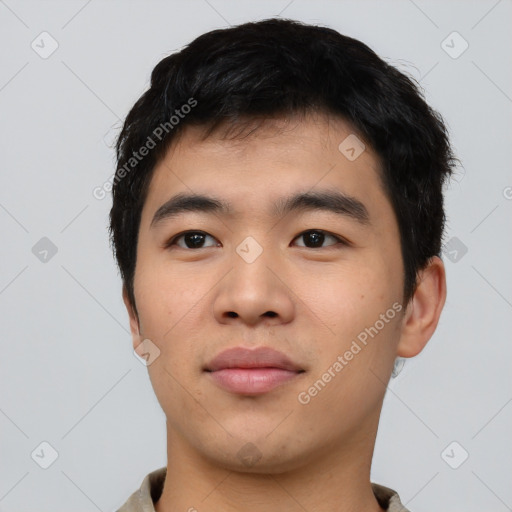 Neutral asian young-adult male with short  black hair and brown eyes