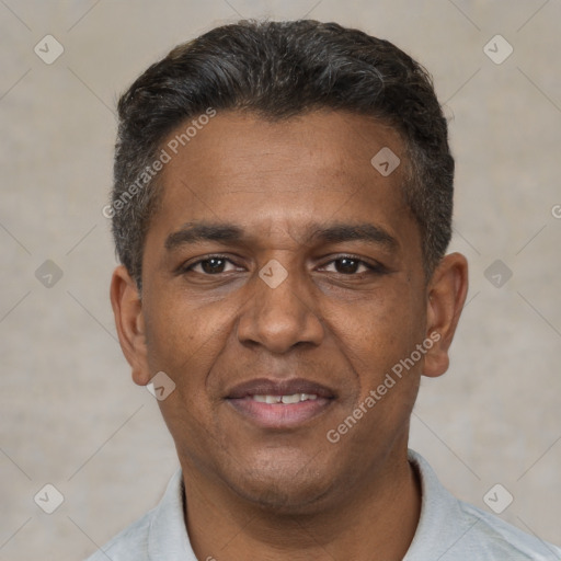 Joyful black adult male with short  black hair and brown eyes