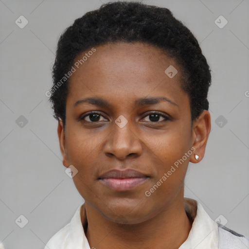 Neutral black young-adult female with short  black hair and brown eyes