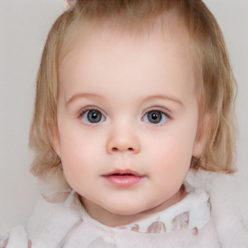 Neutral white child female with medium  brown hair and blue eyes