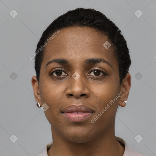 Neutral black young-adult female with short  black hair and brown eyes