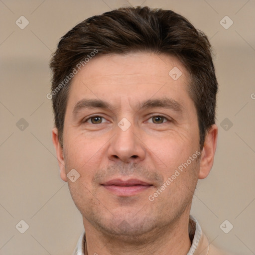 Neutral white adult male with short  brown hair and brown eyes