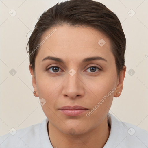 Neutral white young-adult female with short  brown hair and brown eyes