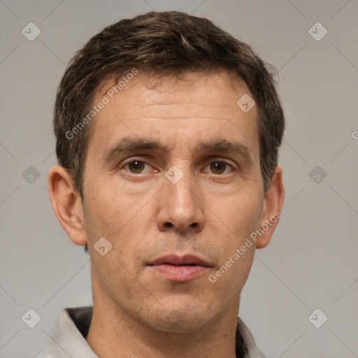 Neutral white adult male with short  brown hair and brown eyes