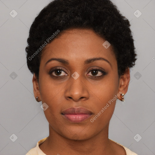 Neutral black young-adult female with short  black hair and brown eyes