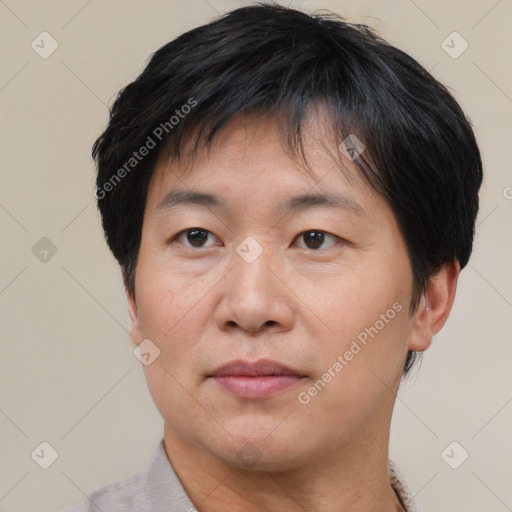 Joyful asian adult male with short  brown hair and brown eyes