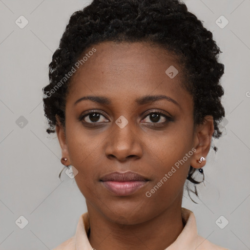 Neutral black young-adult female with short  black hair and brown eyes