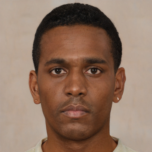 Neutral black young-adult male with short  black hair and brown eyes