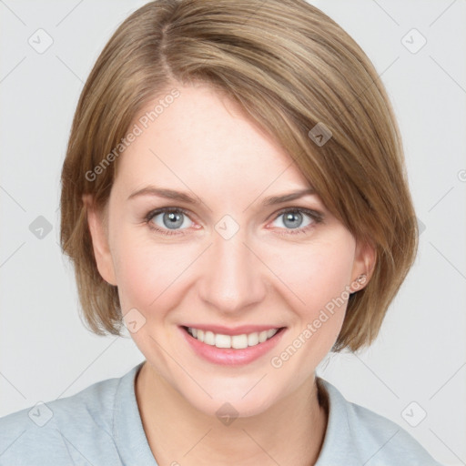 Joyful white young-adult female with medium  brown hair and blue eyes