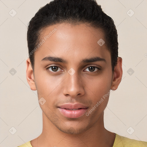 Neutral white young-adult male with short  black hair and brown eyes