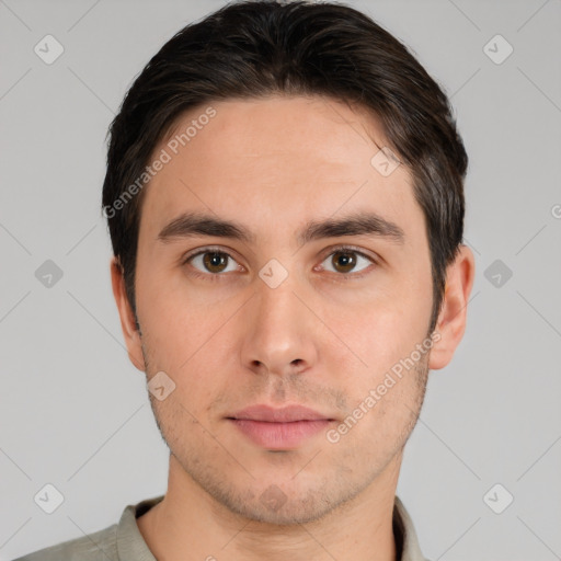 Neutral white young-adult male with short  brown hair and brown eyes