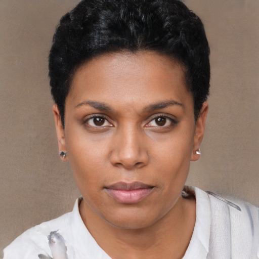 Neutral white young-adult female with short  black hair and brown eyes