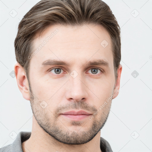 Neutral white young-adult male with short  brown hair and grey eyes