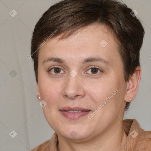 Joyful white adult female with short  brown hair and brown eyes