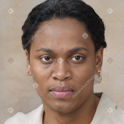 Neutral black young-adult female with short  black hair and brown eyes