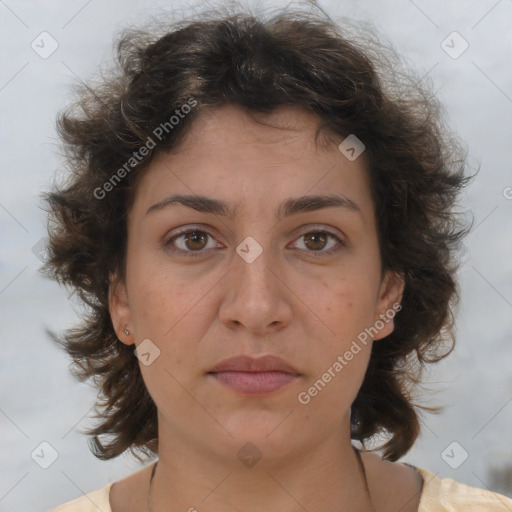 Neutral white young-adult female with medium  brown hair and brown eyes