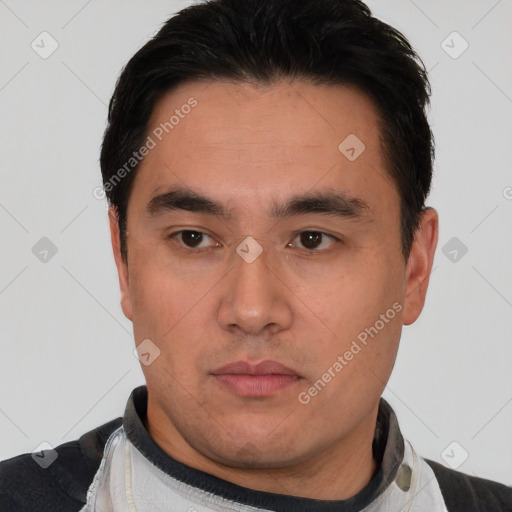 Neutral asian young-adult male with short  black hair and brown eyes