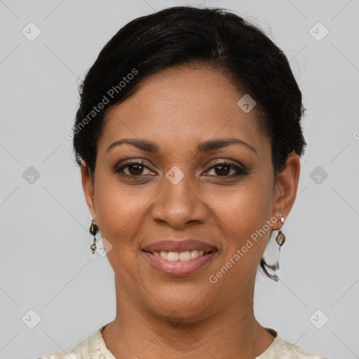 Joyful latino young-adult female with short  black hair and brown eyes