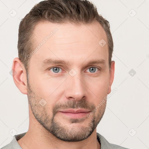 Neutral white young-adult male with short  brown hair and grey eyes