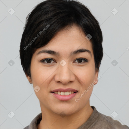 Joyful asian young-adult female with short  brown hair and brown eyes