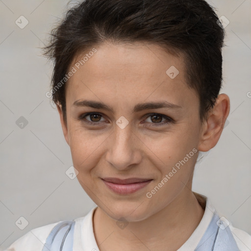 Joyful white young-adult female with short  brown hair and brown eyes