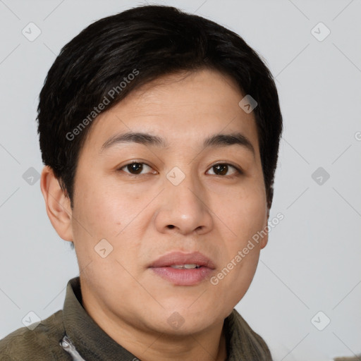 Joyful asian young-adult male with short  brown hair and brown eyes