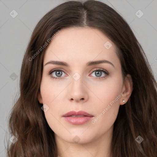 Neutral white young-adult female with long  brown hair and grey eyes