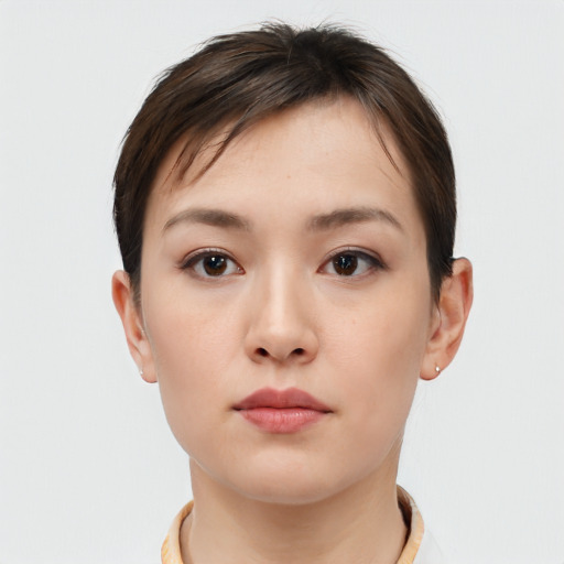 Neutral white young-adult female with short  brown hair and brown eyes