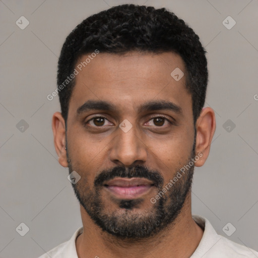 Neutral black young-adult male with short  black hair and brown eyes