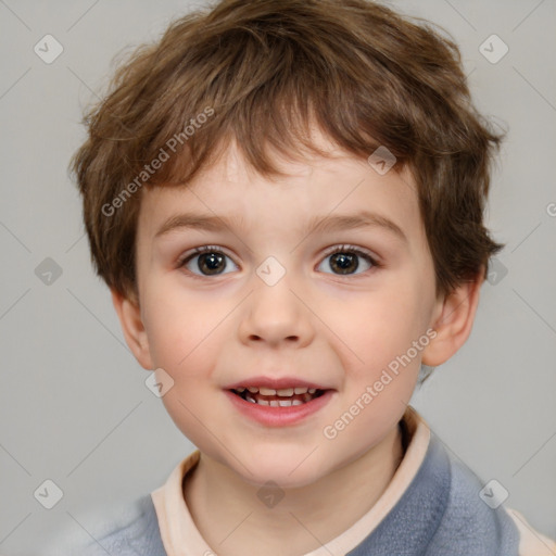 Joyful white child male with short  brown hair and brown eyes