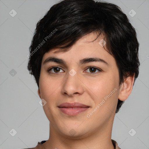 Joyful white young-adult female with medium  brown hair and brown eyes