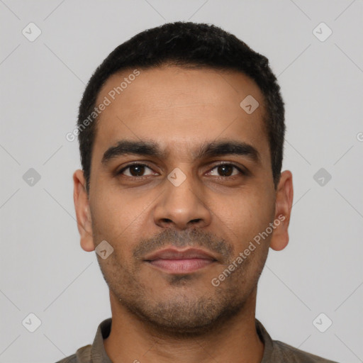 Neutral latino young-adult male with short  black hair and brown eyes