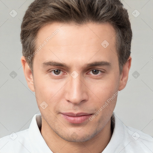 Neutral white young-adult male with short  brown hair and brown eyes