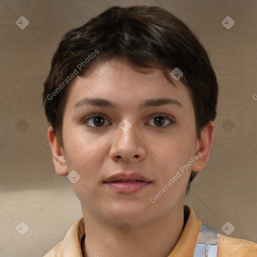 Neutral white young-adult female with short  brown hair and brown eyes