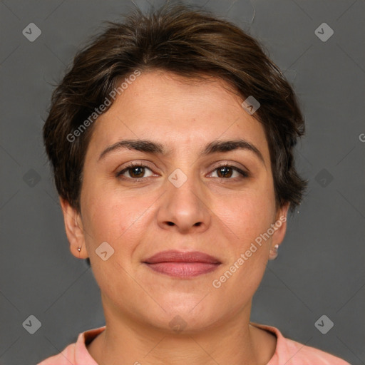 Joyful white adult female with short  brown hair and brown eyes