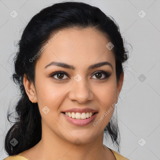 Joyful latino young-adult female with medium  black hair and brown eyes