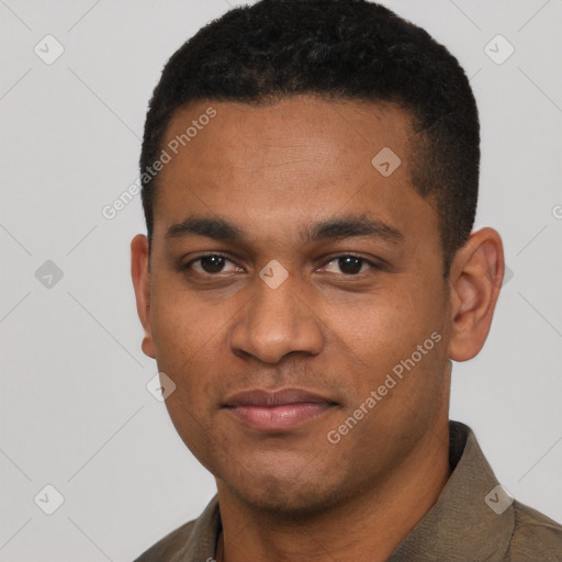 Neutral latino young-adult male with short  black hair and brown eyes