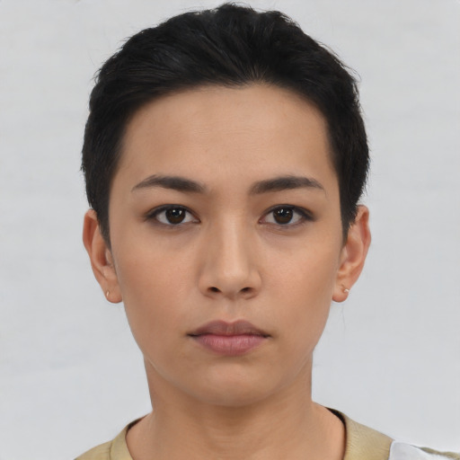 Neutral asian young-adult female with short  black hair and brown eyes