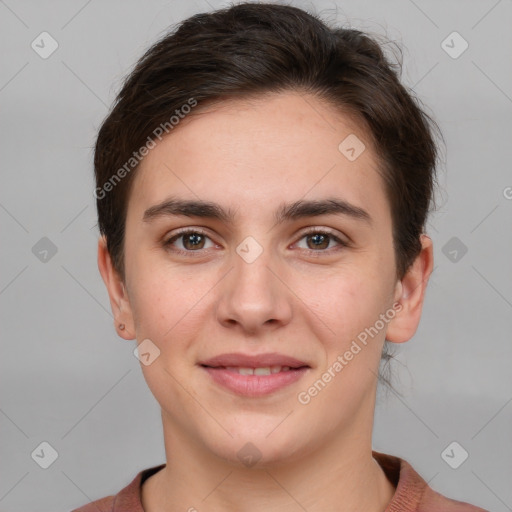 Joyful white young-adult female with short  brown hair and brown eyes