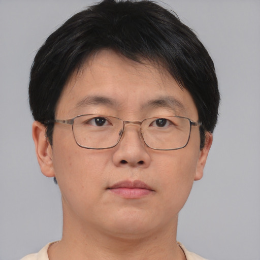 Neutral asian adult male with short  brown hair and brown eyes