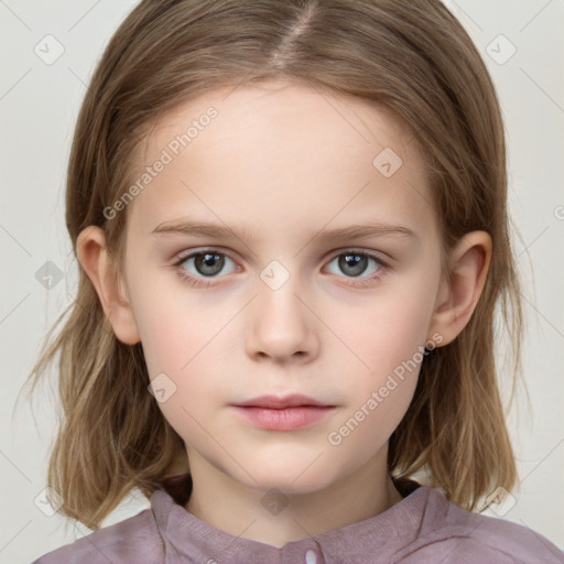 Neutral white child female with medium  brown hair and grey eyes