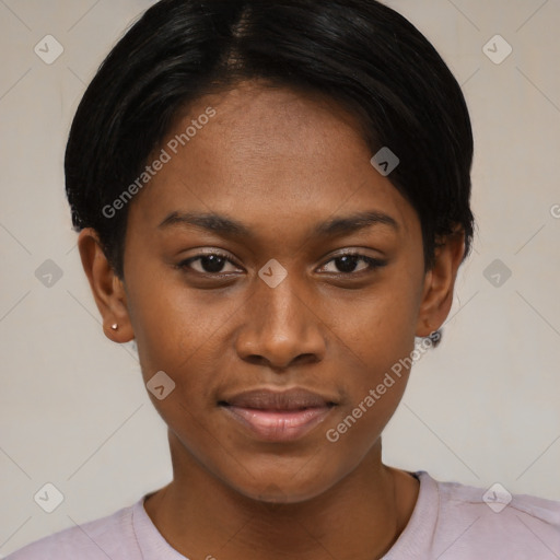 Joyful asian young-adult female with short  black hair and brown eyes