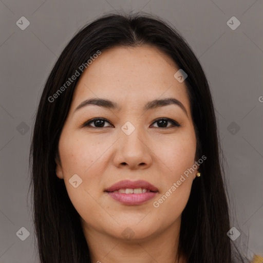 Joyful asian young-adult female with long  brown hair and brown eyes