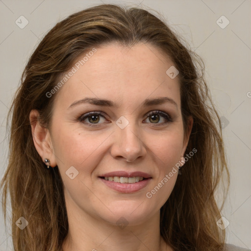 Joyful white young-adult female with long  brown hair and grey eyes