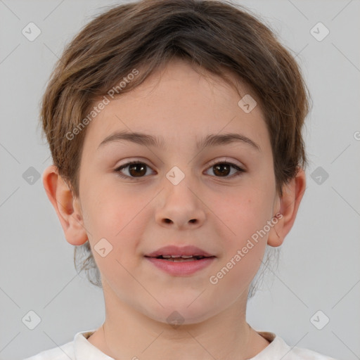 Joyful white child female with short  brown hair and brown eyes