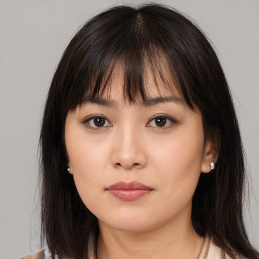 Neutral white young-adult female with medium  brown hair and brown eyes